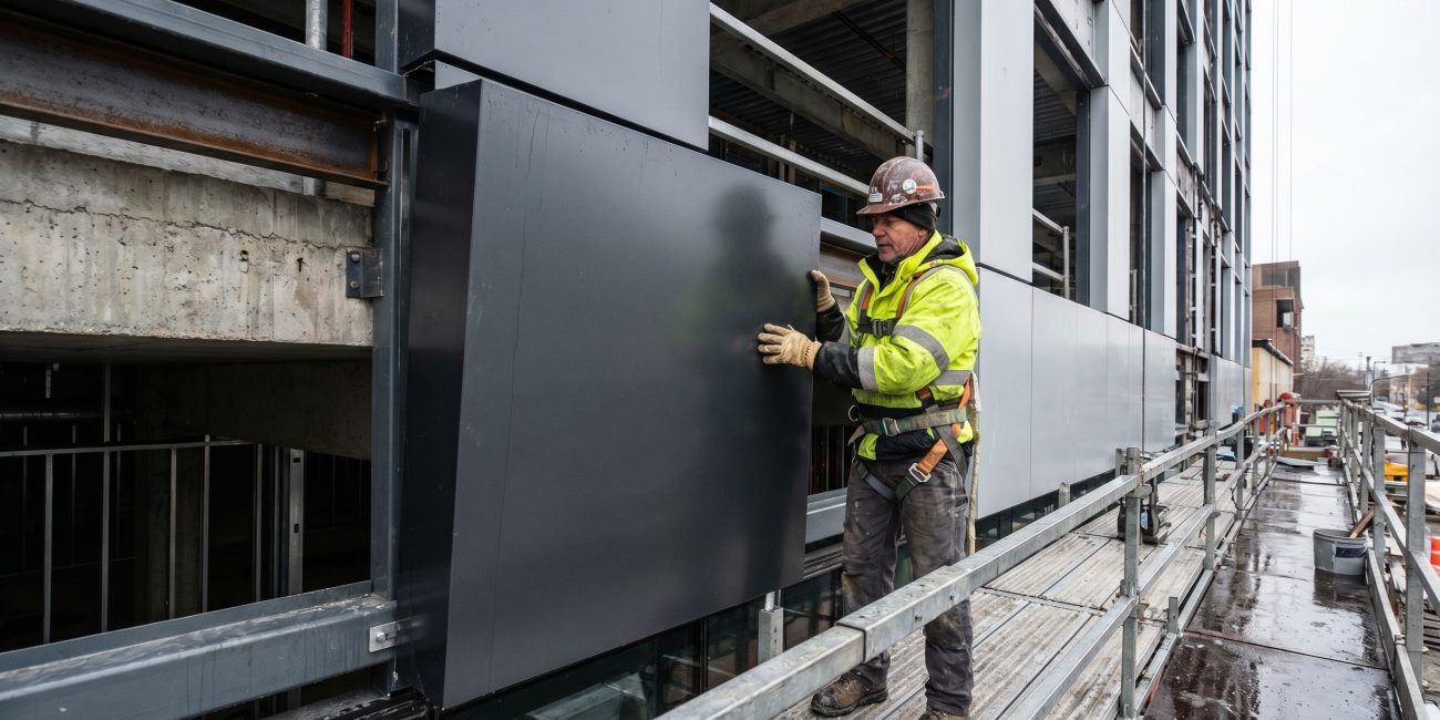 ACM panel installation worker on a commercial facade project by PRS Inc in Ottawa